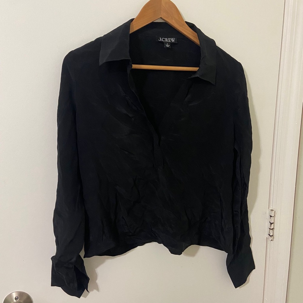 J. Crew | Women’s Black Crop Top Long Sleeve V-Neck Collared Blouse | Size Small